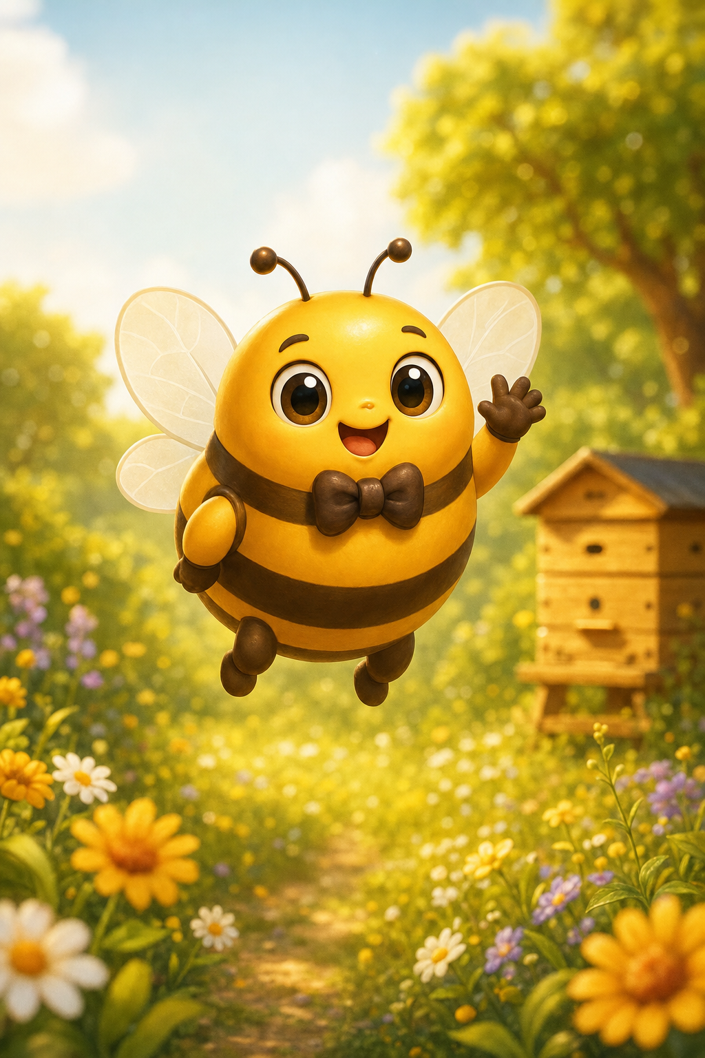 Honey, the round honey-bee mascot with a bow tie, hovering and waving hello