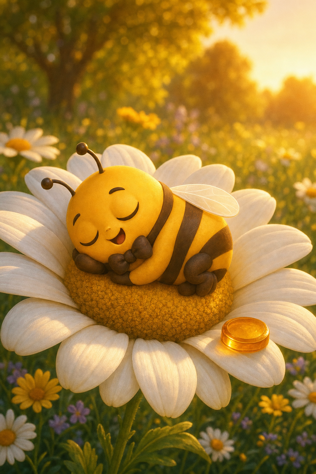 Honey the bee asleep on a daisy, resting until tomorrow's bonus